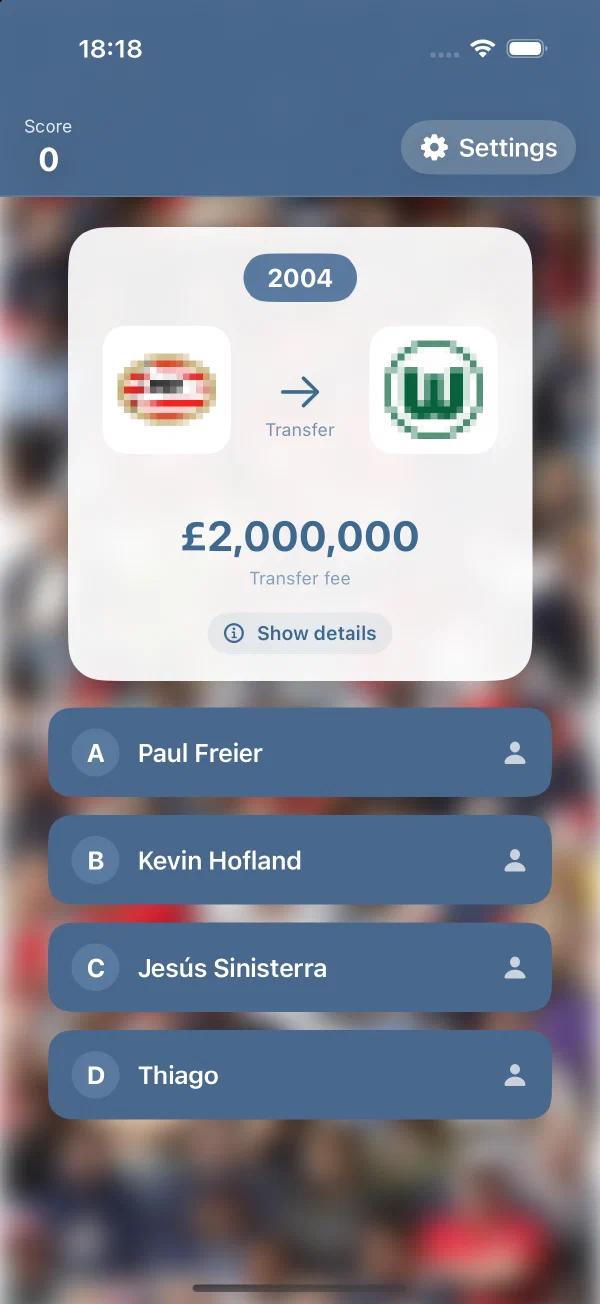 FootyFee on iPhone: a 2004 transfer costing £2,000,000, with four footballers to choose from